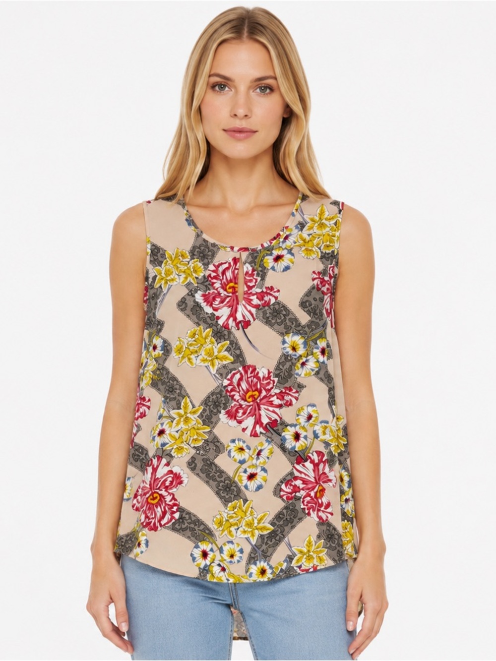 Violet + Claire Multicolor Floral Graphic Keyhole Neckline Tank Blouse Size XL